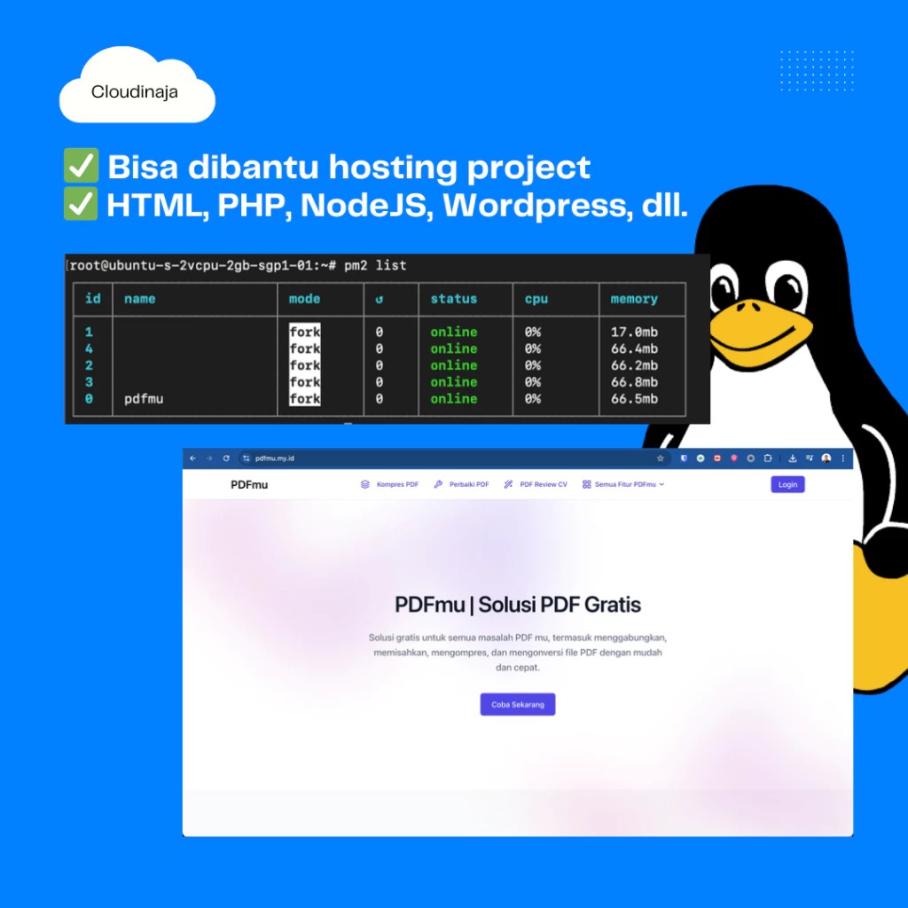 VPS Linux Murah 2Gb 2vCPU 60GB SSD | Super Cepat | Full Akses Root SSH | Support Hosting Bisa Dibantu