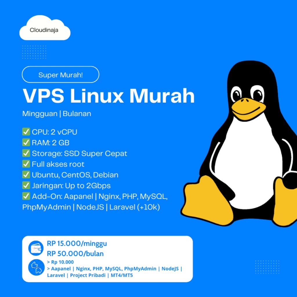 VPS Linux Murah 2Gb 2vCPU 60GB SSD | Super Cepat | Full Akses Root SSH | Support Hosting Bisa Dibantu