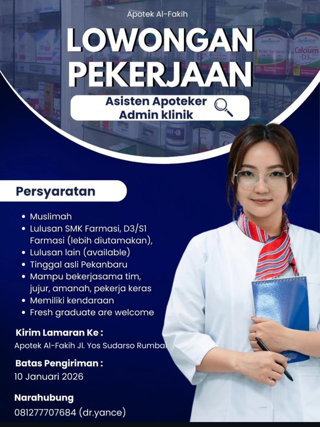 Lowongan Kerja Asisten Apoteker dan Klinik Pekanbaru