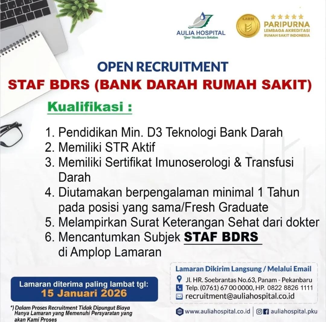 Lowongan Kerja Staff BDRS ( BANK DARAH RUMAH SAKIT ) Pekanbaru