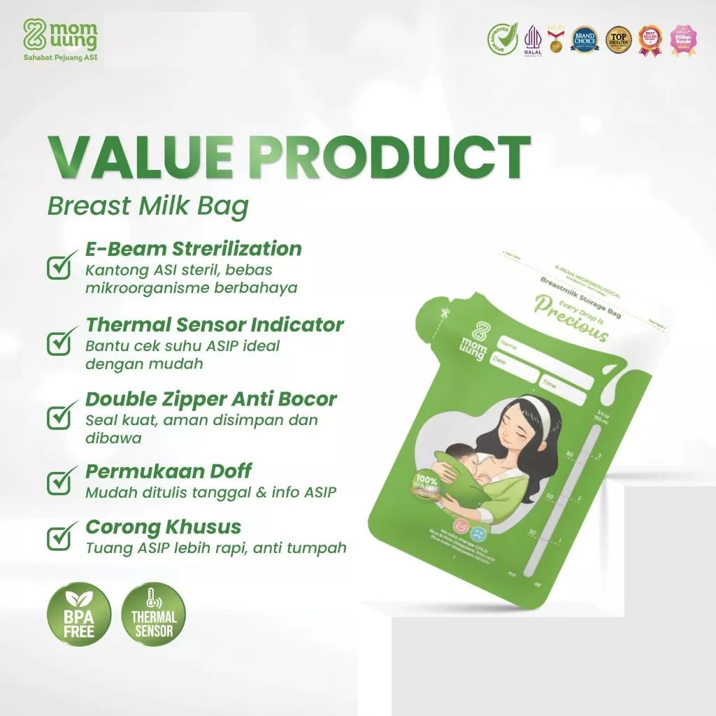Mom Uung Kantong Asi 100ml isi 30pcs Double Zipper | Pre-sterilized Breastmilk Bag | Ada Indikator Suhu