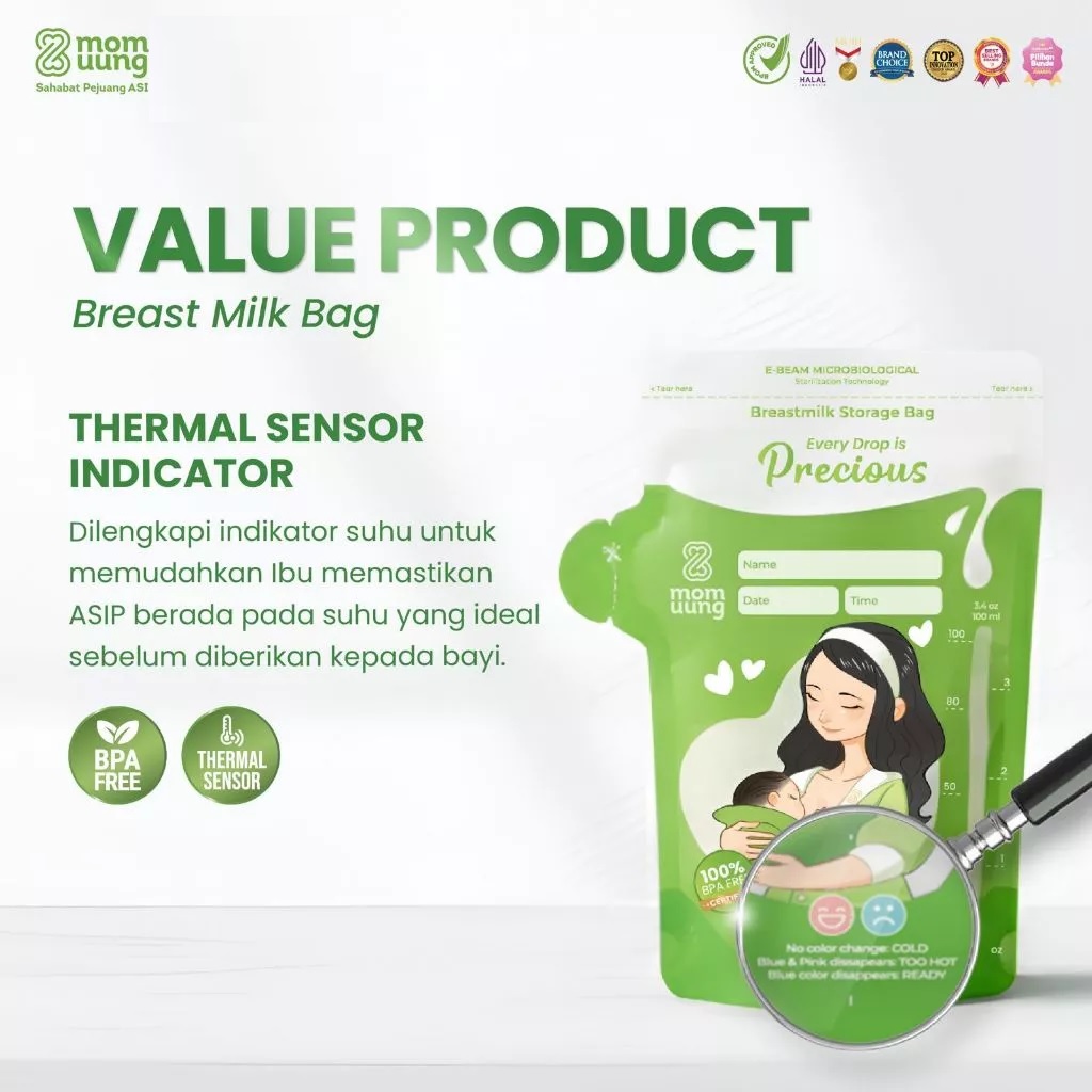 Mom Uung Kantong Asi 100ml isi 30pcs Double Zipper | Pre-sterilized Breastmilk Bag | Ada Indikator Suhu