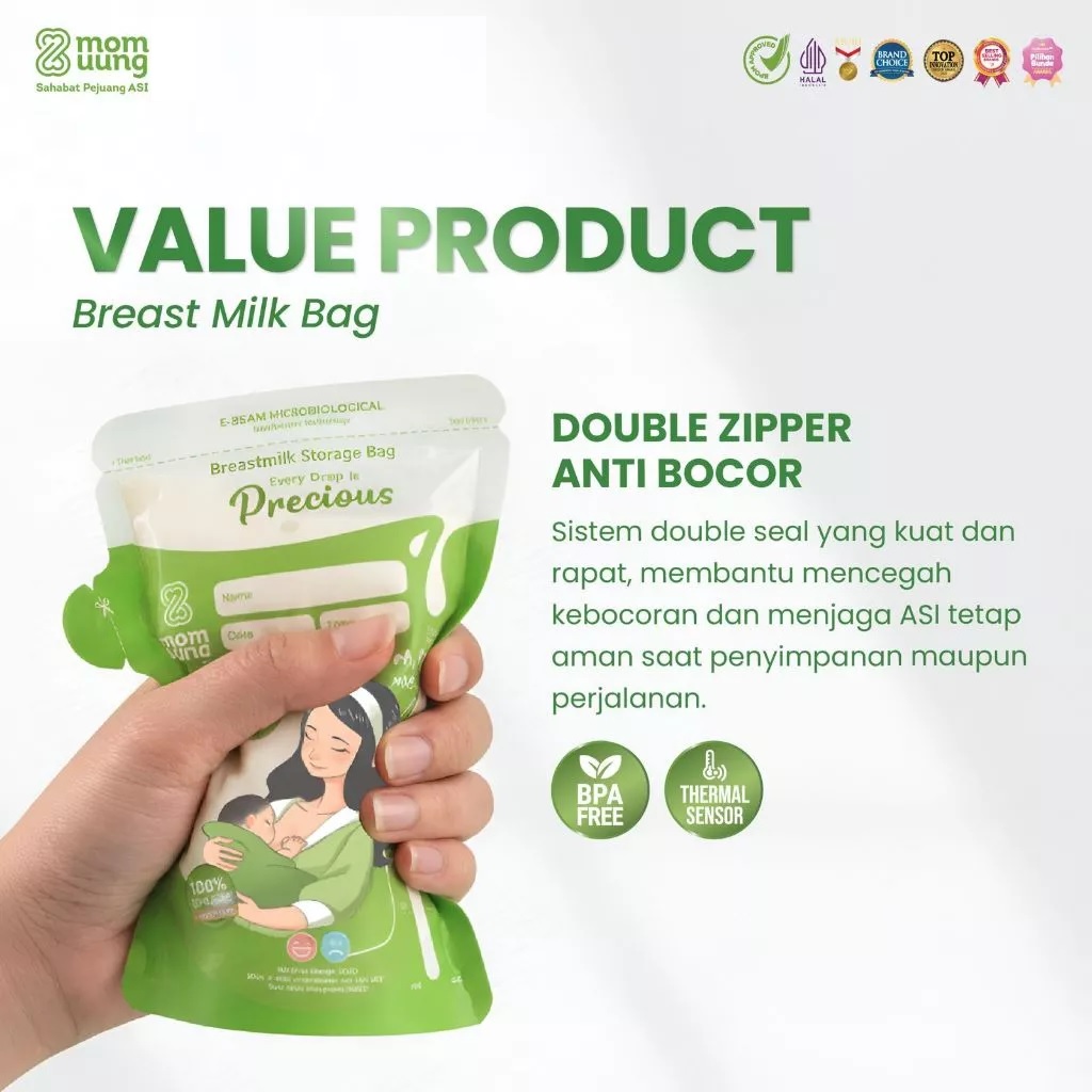 Mom Uung Kantong Asi 150ml isi 30pcs Double Zipper | Pre-sterilized Breastmilk Bag | Ada Indikator Suhu