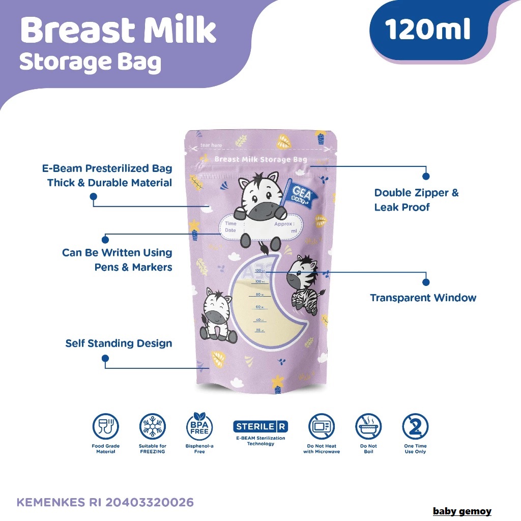Gea Baby Breast Milk Storage Bag ukuran 120ml / Kantong Asi isi 30 Double Zipper dan anti bocor